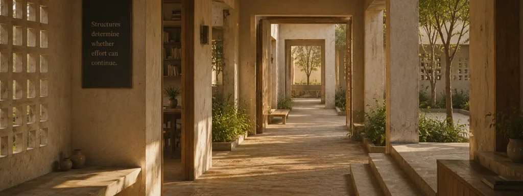 Connected institutional pathways with linked openings, adjoining learning spaces, and visible routes forward, illustrating how structure allows learning and effort to continue over time.