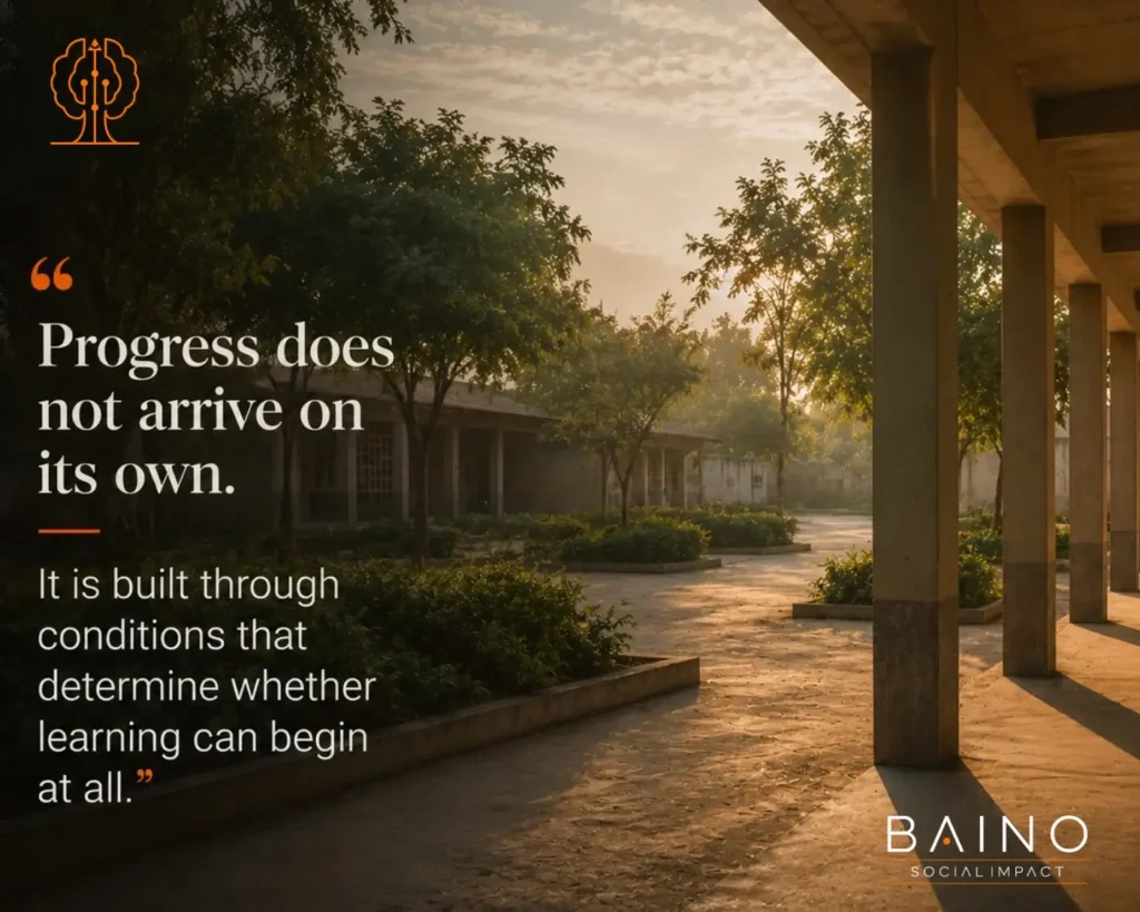 Sunlit community pathways and learning spaces illustrating how progress is built through stable conditions that support growth and development.