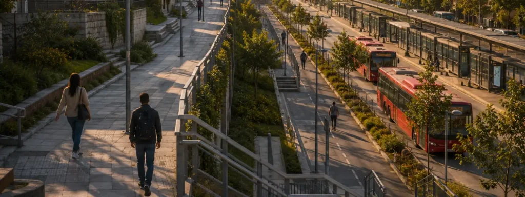 Elevated pedestrian corridors and layered public transit systems within a middle-income urban environment, showing recurring civic movement, socially readable pathways, and visible continuation patterns that make progress feel traceable across time.