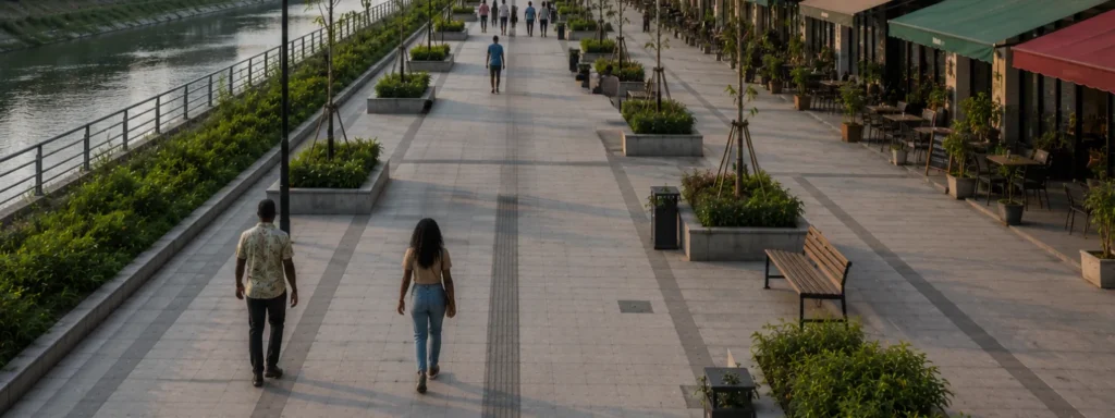 Tree-lined urban riverside promenade with mixed-use storefronts, recurring pedestrian pathways, and distant public activity showing how repeated civic patterns quietly shape what forms of progress and continuation become socially familiar over time.