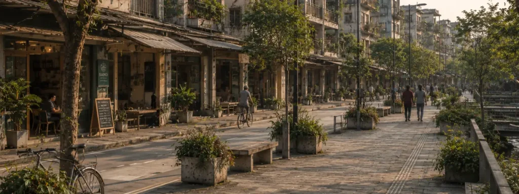 Weathered mixed-use civic environment with public walkway, layered suburban structures, softened material wear, and distant pedestrian movement showing continuity becoming embedded through ordinary social repetition.