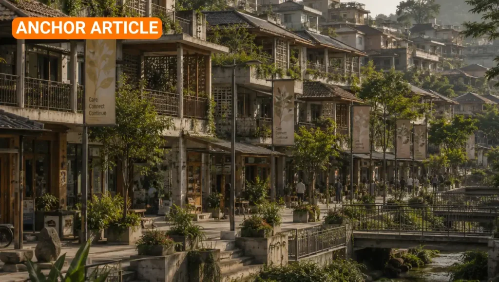 Weathered mixed-use civic corridor with repeated public pathways, layered urban structures, softened material wear, and distant pedestrian movement showing continuity becoming embedded through ordinary social repetition.