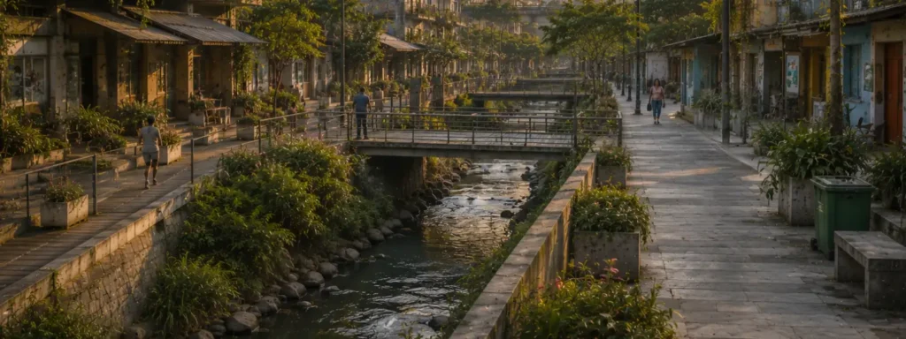 Maintained urban riverside corridor with softened public wear, mixed-use civic buildings, distant everyday activity, and visible community upkeep showing continuity sustained through shared social reinforcement and ordinary public care.