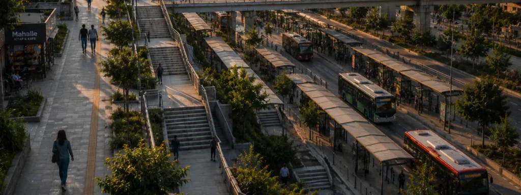 Layered middle-income urban environment with intersecting pedestrian terraces, elevated transit systems, bus corridors, and sustained public pathways showing how repeated civic continuity gradually makes movement socially legible and easier to follow across ordinary life over time.