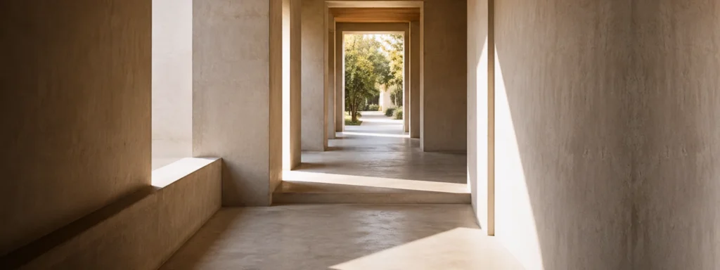Architectural transition space opening into a broader environment through layered thresholds and soft natural light, suggesting movement from preparation into participation over time.