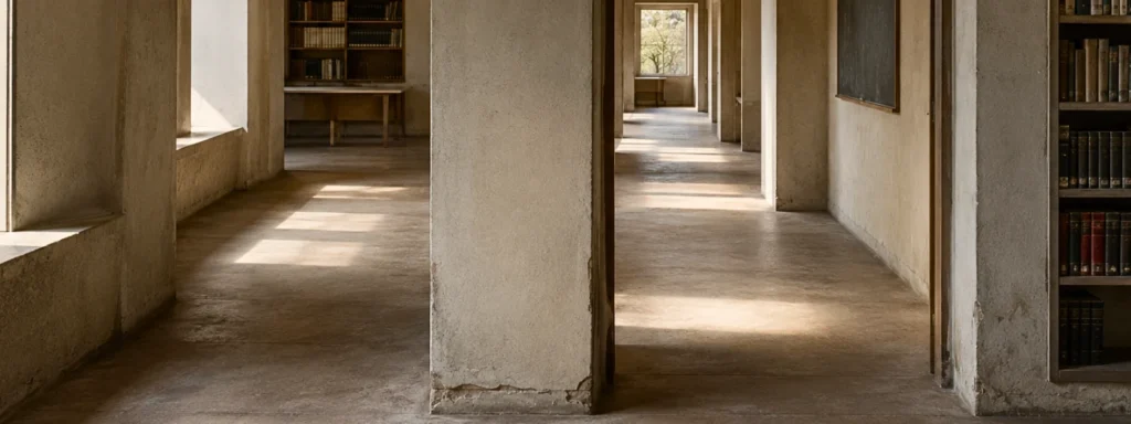 Architectural transition space with layered openings and muted natural light, suggesting movement that has begun but remains structurally unresolved over time.