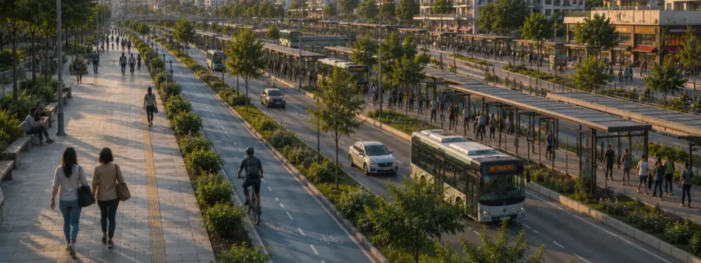 Broad middle-income urban transit corridor with layered pedestrian walkways, cycling paths, public transport systems, and sustained civic movement showing how socially reinforced continuity makes progress feel stable, ordinary, and trustworthy to follow across everyday life over time.