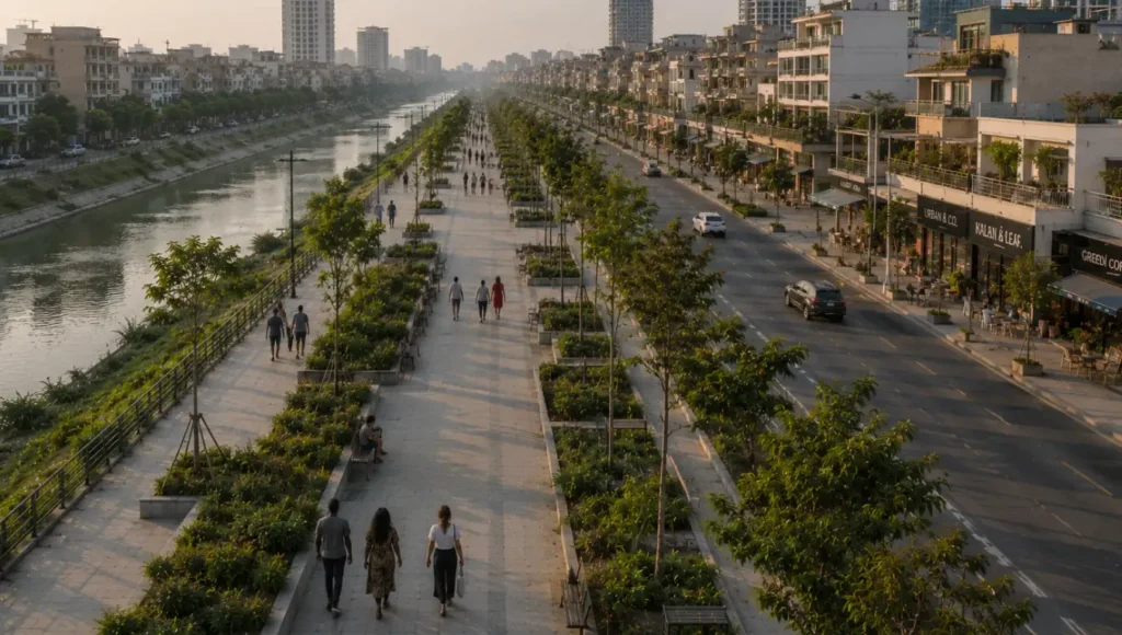 Layered urban riverside corridor with mixed-use civic frontage, extended pedestrian pathways, uneven continuation depth, and distant public activity showing how visible social continuity shapes what forms of progress appear sustainable within a community.