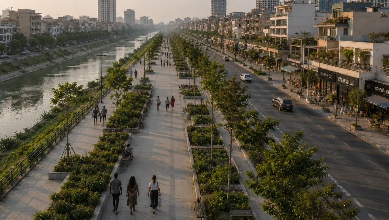 Layered urban riverside corridor with mixed-use civic frontage, extended pedestrian pathways, uneven continuation depth, and distant public activity showing how visible social continuity shapes what forms of progress appear sustainable within a community.