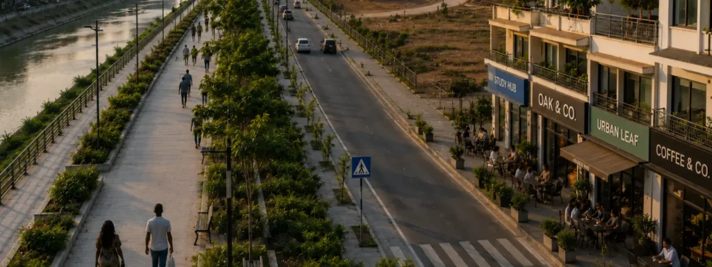 Elevated urban riverside corridor with layered civic development, uneven infrastructural extension, mixed-use public frontage, and visible continuation depth showing how socially sustained outcomes shape what futures feel realistic within a community.