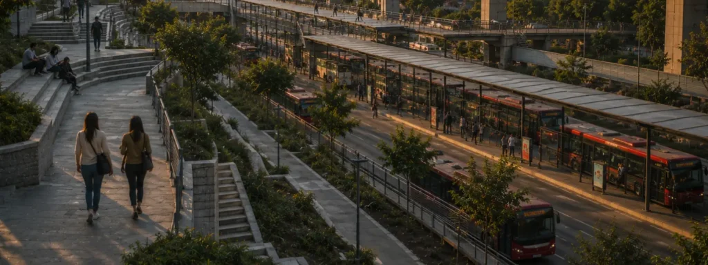 Layered middle-income urban transit environment with intersecting pedestrian terraces, bus corridors, elevated rail systems, and sustained public movement showing how repeated visible trajectories make progress feel socially followable across ordinary life over time.