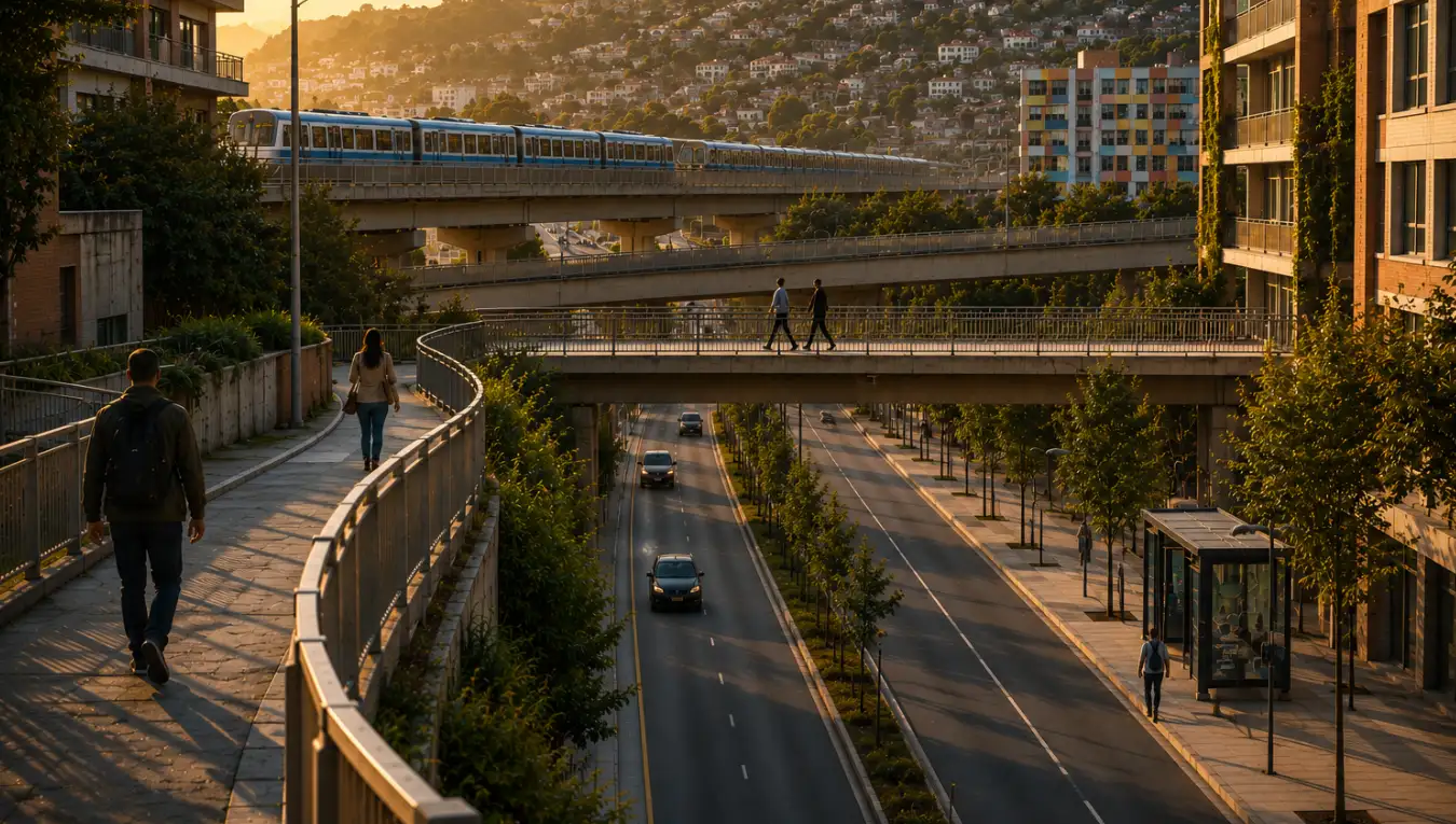 Layered middle-income urban environment with intersecting pedestrian bridges, transit infrastructure, curved public walkways, and socially sustained civic movement showing how visible continuity makes progress feel traceable and followable across ordinary life over time.