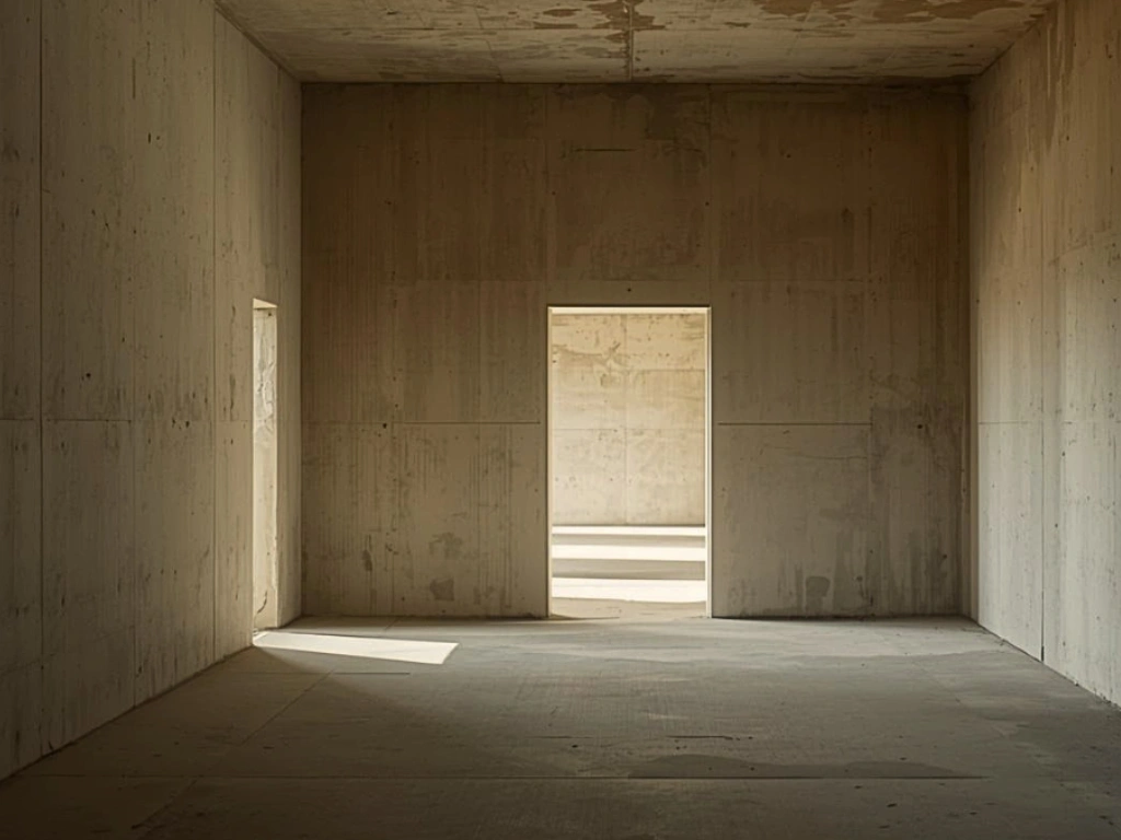 Minimal interior space with soft natural light, strong structural lines and textured walls, representing a stable environment where learning can begin