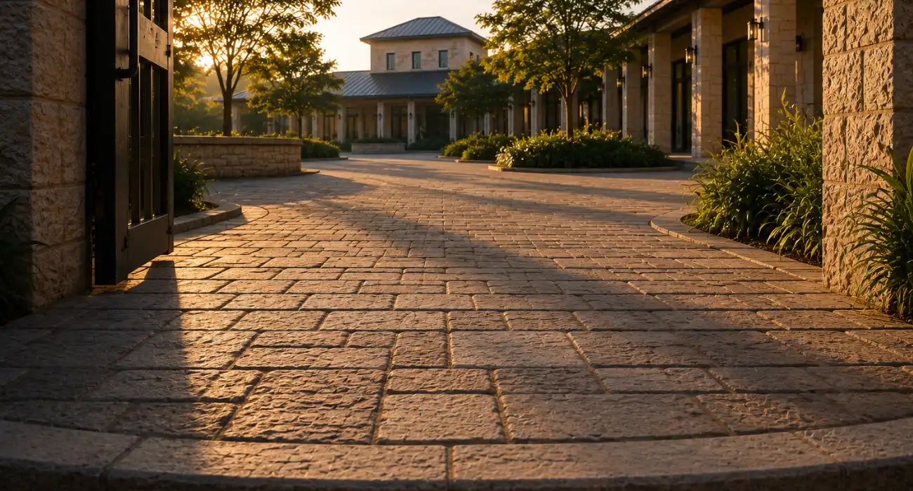 Stone-paved entrance opening into an educational institutional environment, representing the beginning of a journey toward understanding lasting educational progress.