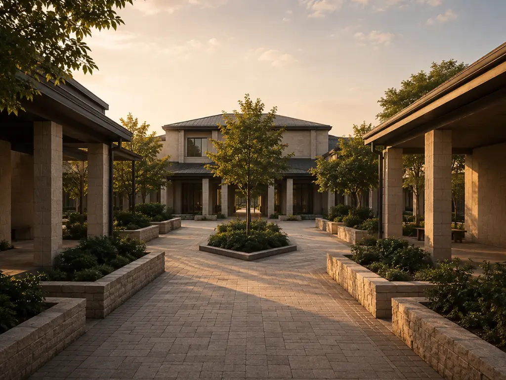 Converging institutional pathways leading through a shared learning environment, representing the exchange of ideas, dialogue, and Baino's collective voice.