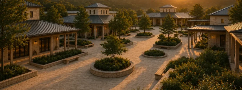 Wide view of Baino's educational civilization at sunset, showing connected buildings, shared courtyards, and enduring spaces that symbolize how lasting educational progress is built through strong foundations, connected systems, and continuity.