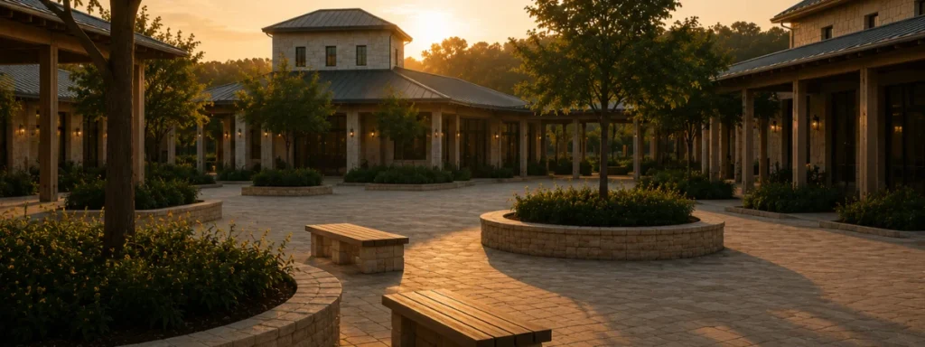 Quiet institutional courtyard at sunset, representing reflection, continuity, and the enduring conditions that support lasting educational progress.