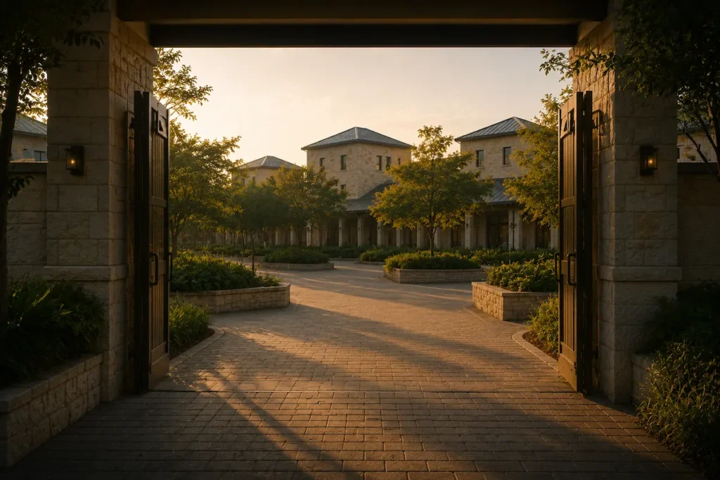 Open stone gateway leading into a landscaped institutional campus with connected buildings, pathways, and courtyards illuminated by warm evening light.