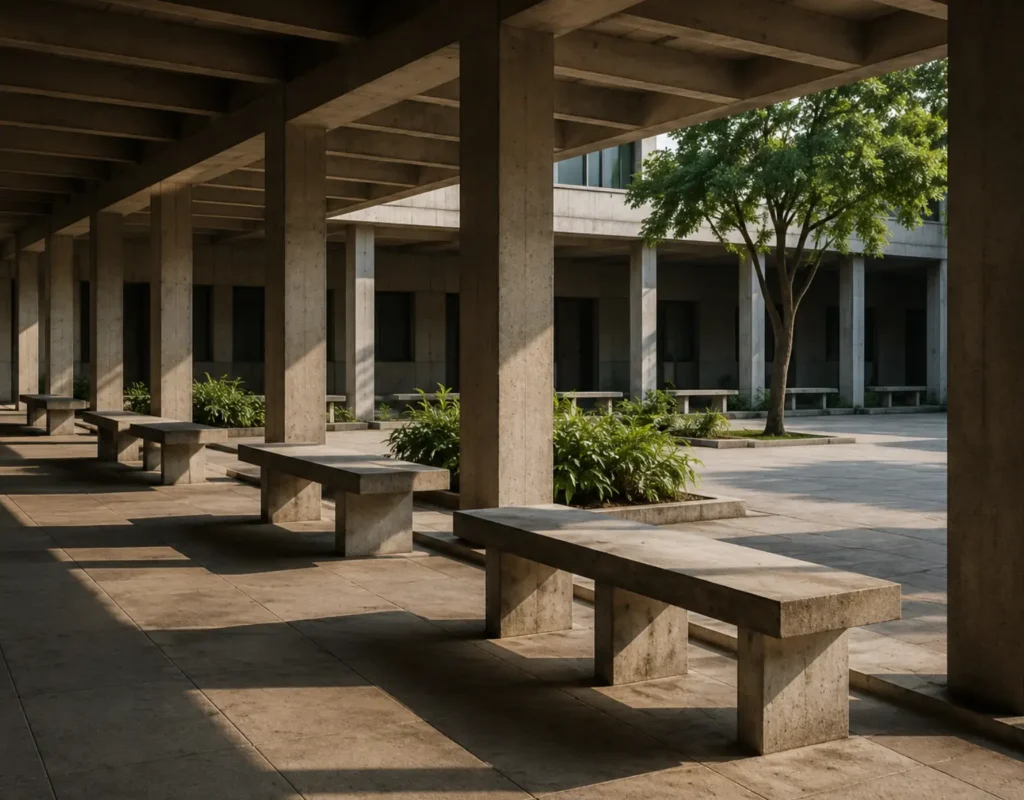 Covered institutional courtyard with concrete columns, integrated seating, and shared gathering spaces that support belonging, continuity, and repeated community use.
