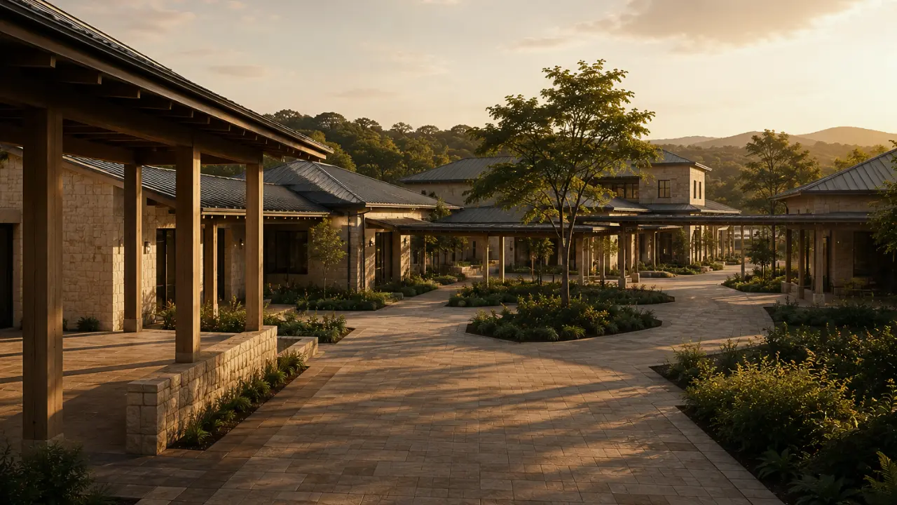 Wide view of connected stone-and-timber institutional buildings linked by covered walkways, paved spaces and landscaped gardens.