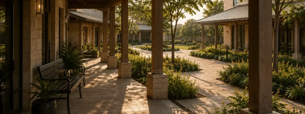 Wide view of connected stone-and-timber institutional buildings linked by covered walkways, paved spaces and landscaped gardens.