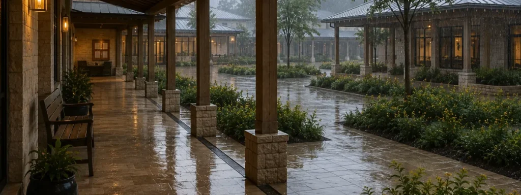 Rain falls across a stone-and-timber institutional complex as covered walkways, drainage and paved routes remain clear and usable.