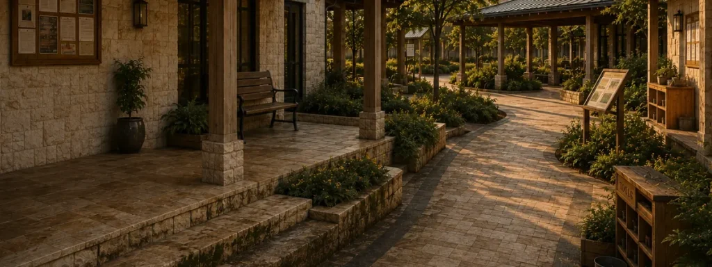 Well-used stone-and-timber institutional courtyard with worn paving, mature planting, covered walkways and maintained community facilities.