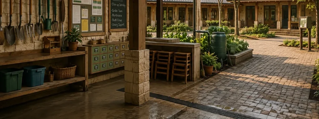 Well-used community institutional space with organised maintenance tools, shared storage, activity notices, rainwater collection and tended garden beds.