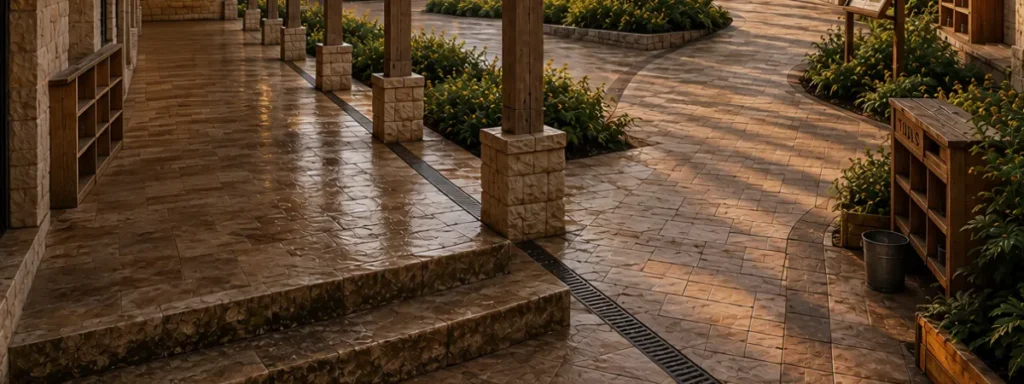 A wide view of a porch in institutional buildings overlooking landscaped grounds and a distant horizon beneath a spacious sky.