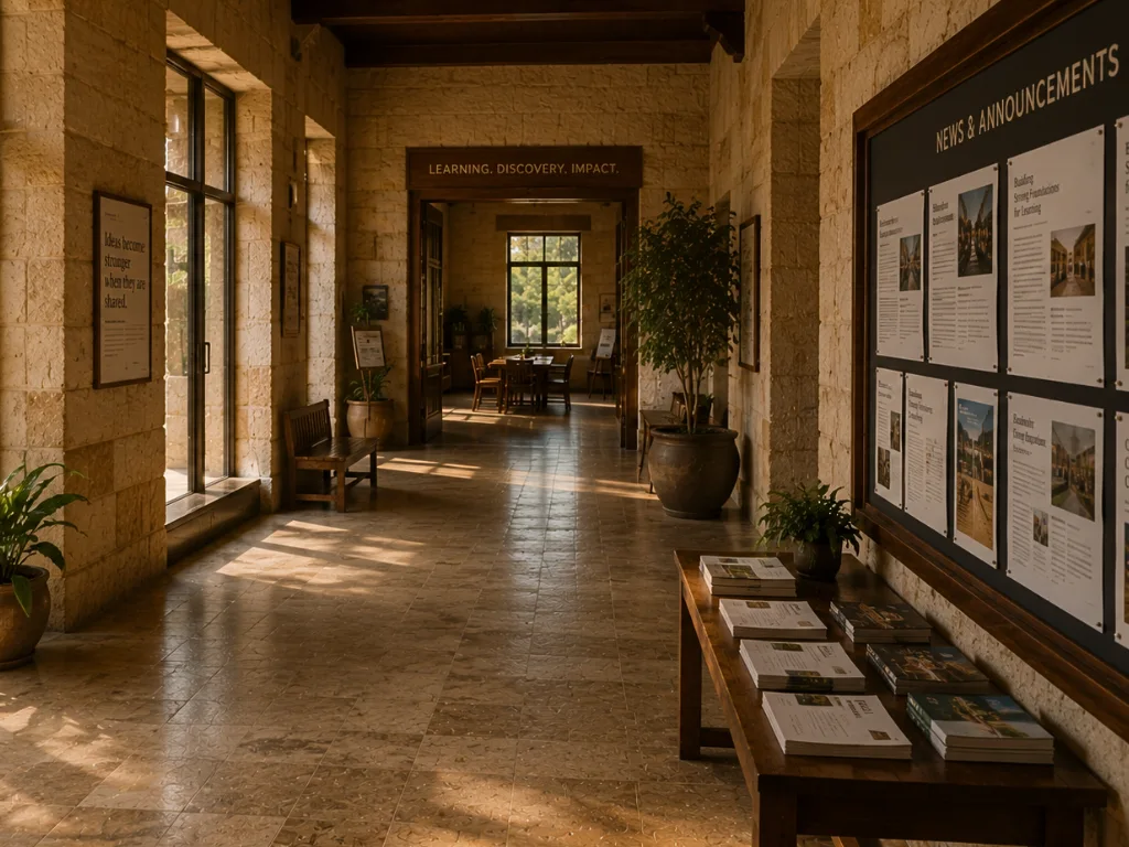 A warm institutional communication corridor with a public information display, editorial notices, and learning resources, representing how Baino's ideas enter public conversation through news and shared knowledge.