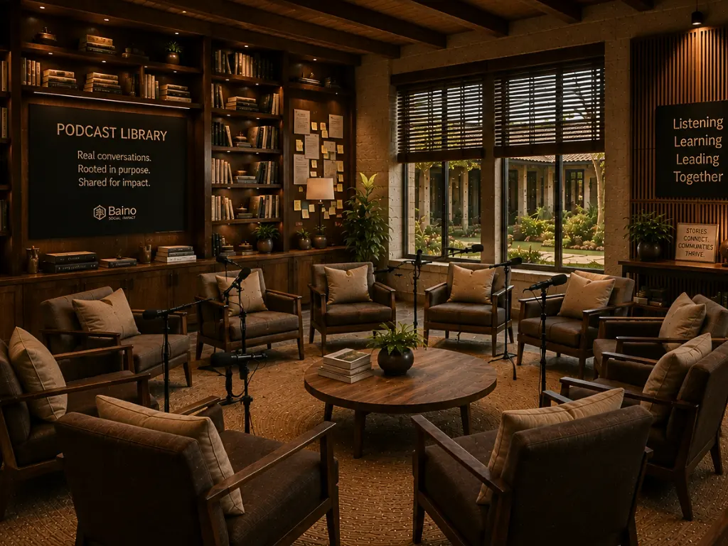 A warm institutional conversation room with circular seating, bookshelves, discussion microphones, idea boards, and views into Baino's campus, representing thoughtful dialogue, shared learning, and community conversations.