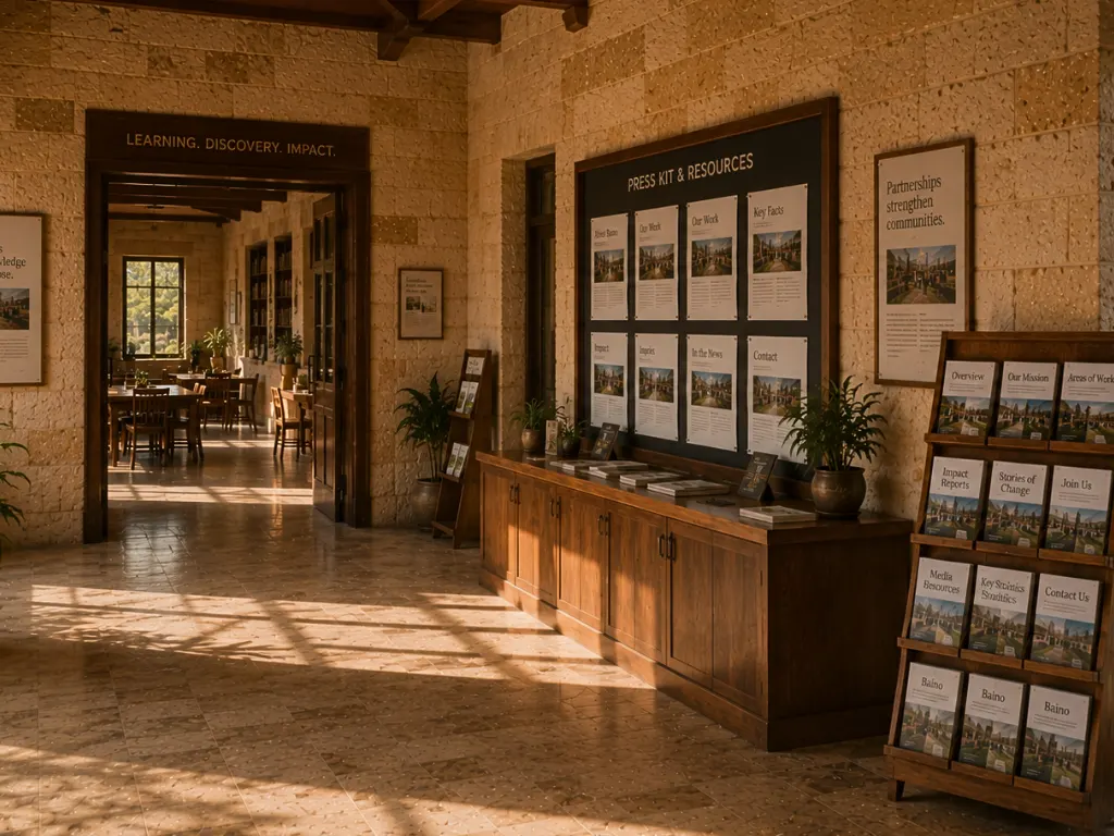 A warm institutional resource centre with a press kit display, information panels, publications, and visitor resources, representing Baino's prepared institutional identity and materials for partners, media, and the public.