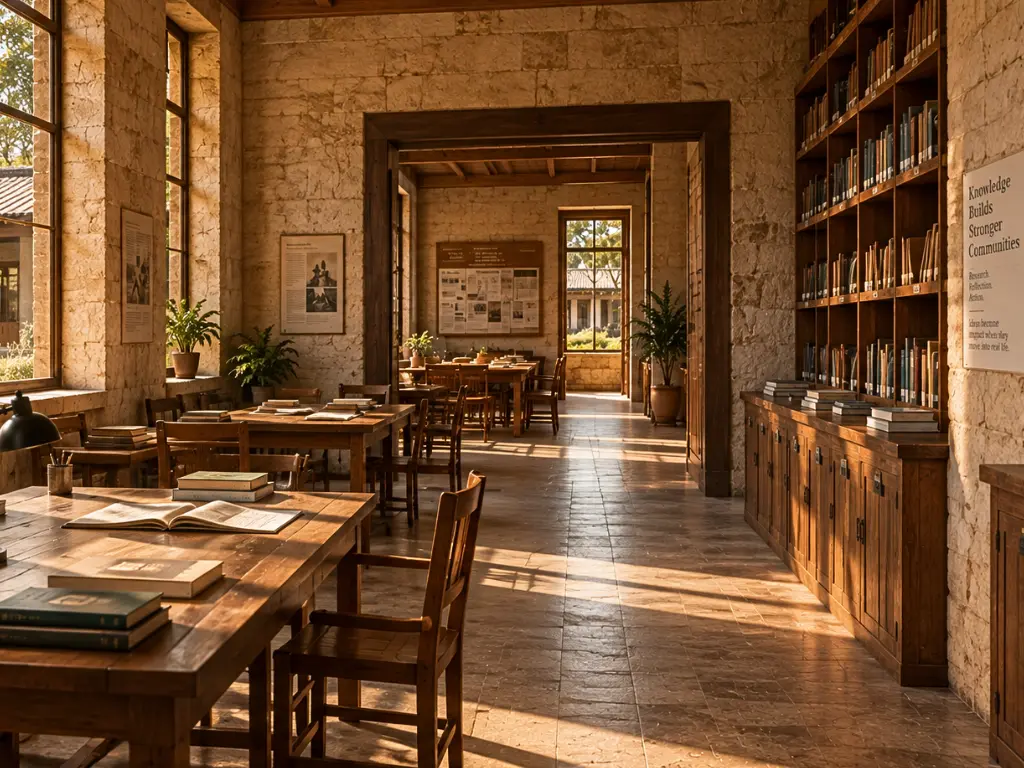 A warm institutional reading room with bookshelves, study tables, preserved publications, and sunlight illuminating a lived-in learning environment that represents Baino's long-form research and publications.
