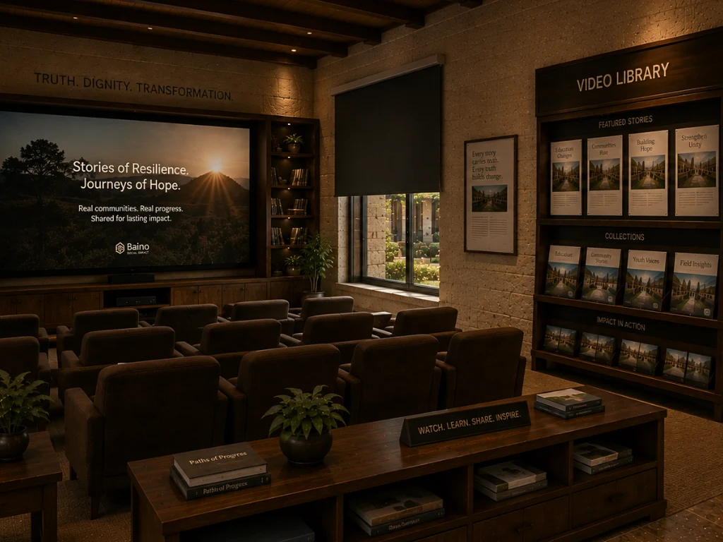 A warm institutional storytelling space with theatre seating, a presentation screen, curated video collections, and views into Baino's surrounding campus, representing the preservation and sharing of stories through film and visual media.