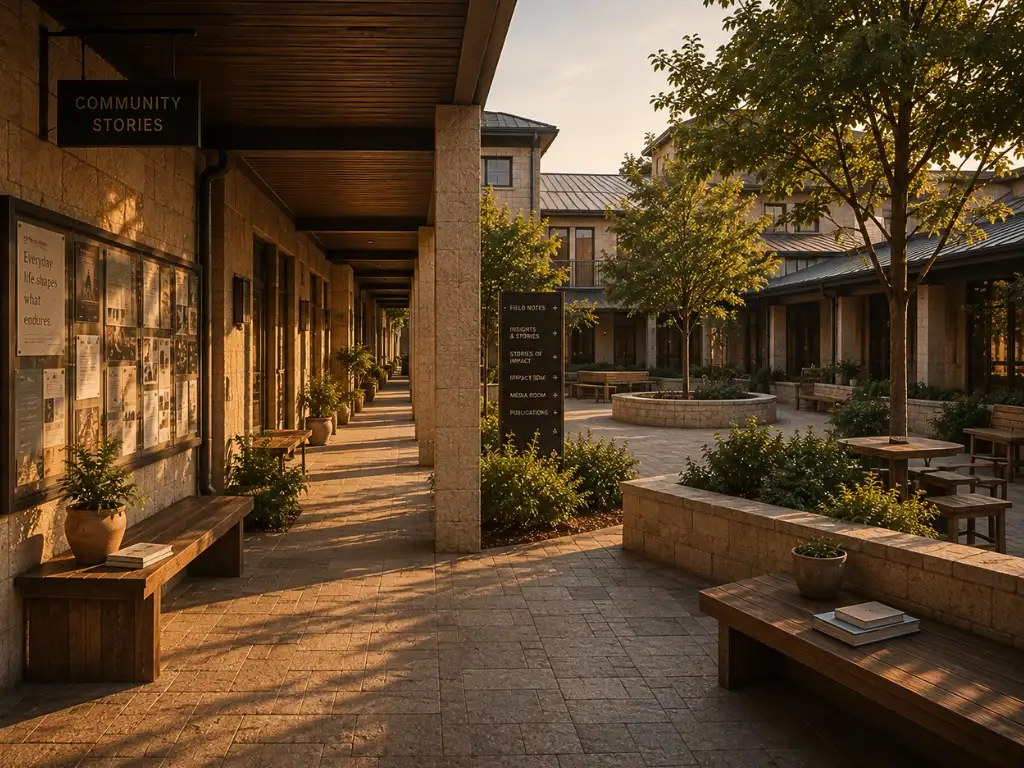 A covered pedestrian neighbourhood within Baino's Communities & Practice district, featuring shared courtyards, community notice boards, shaded walkways, and gathering spaces that reflect everyday learning, continuity, and civic life.