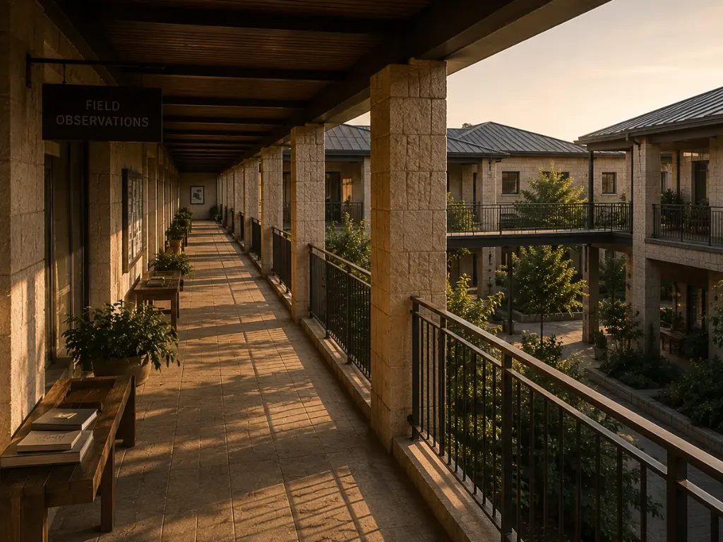 An elevated covered walkway overlooking connected courtyards and bridges within Baino's Civilisation Archive, designed as a quiet place for careful observation, reflection, and understanding across an interconnected learning environment.