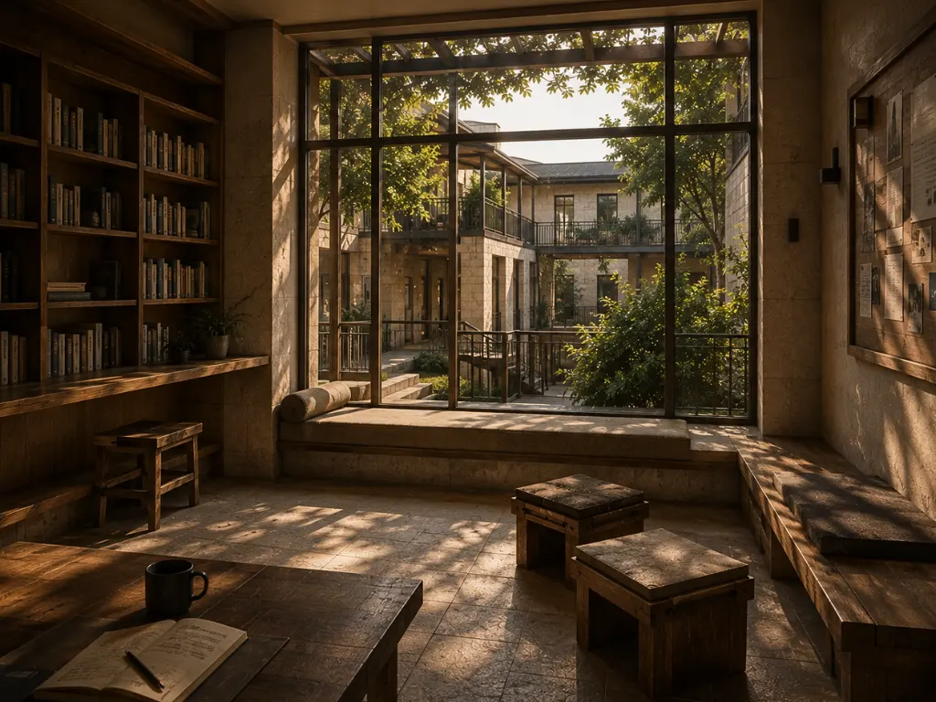A quiet reading alcove overlooking a connected courtyard within Baino's Civilisation Archive, featuring built-in seating, library shelves, filtered natural light, and a reflective space designed for thoughtful study and contemplation.