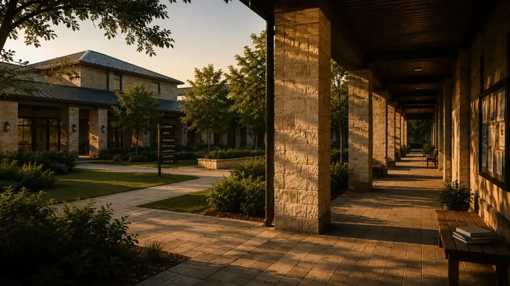 A well-maintained educational campus with covered walkways, connected pathways, landscaped grounds, and learning spaces in daily use, representing the environments where lasting educational change takes shape.
