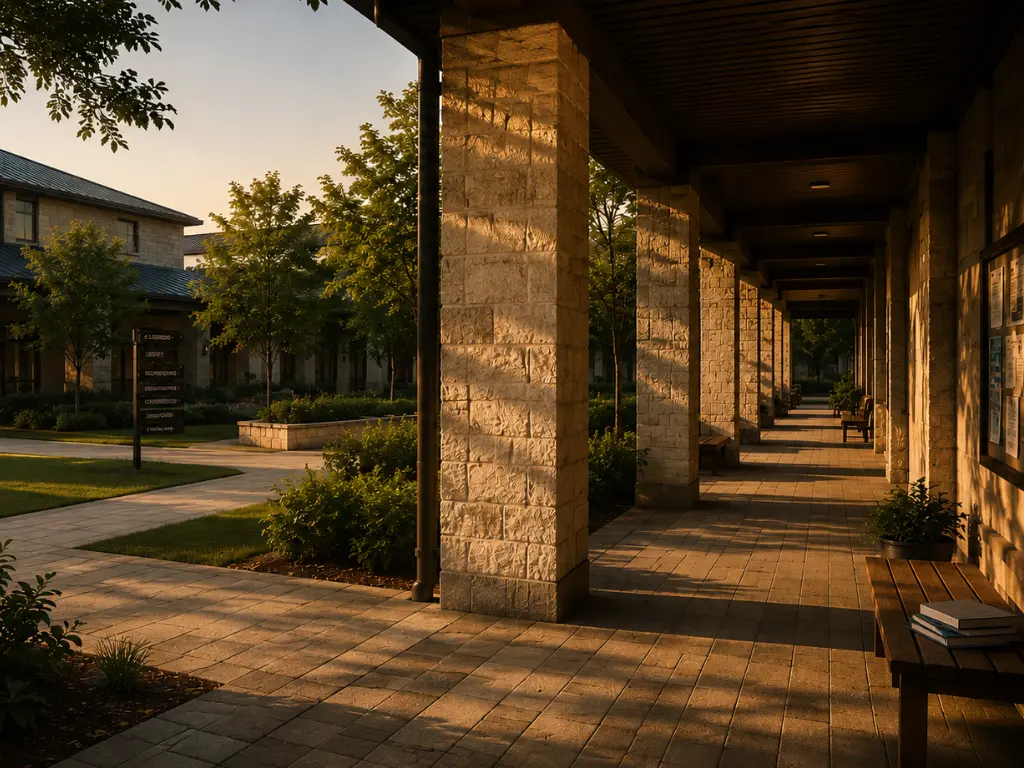 A well-maintained educational campus with covered walkways, connected pathways, landscaped grounds, and learning spaces in daily use, representing the environments where lasting educational change takes shape.