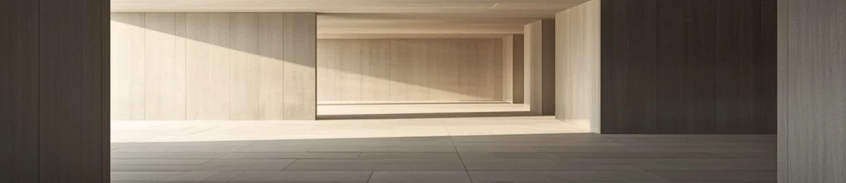 A minimalist architectural interior with linear structure and open depth, softly lit by natural light, showing a subtle interruption in the alignment of surfaces within a calm, ordered space.