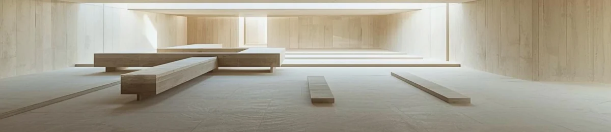 A minimalist architectural interior with evenly spaced structural planes and soft natural light, showing a calm, continuous space with subtly distributed visual balance.