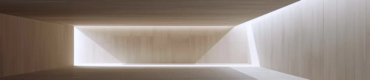 A minimalist architectural interior with linear structure and open depth, softly lit by uneven natural light, showing a calm space with subtly variable and unsettled environmental conditions.